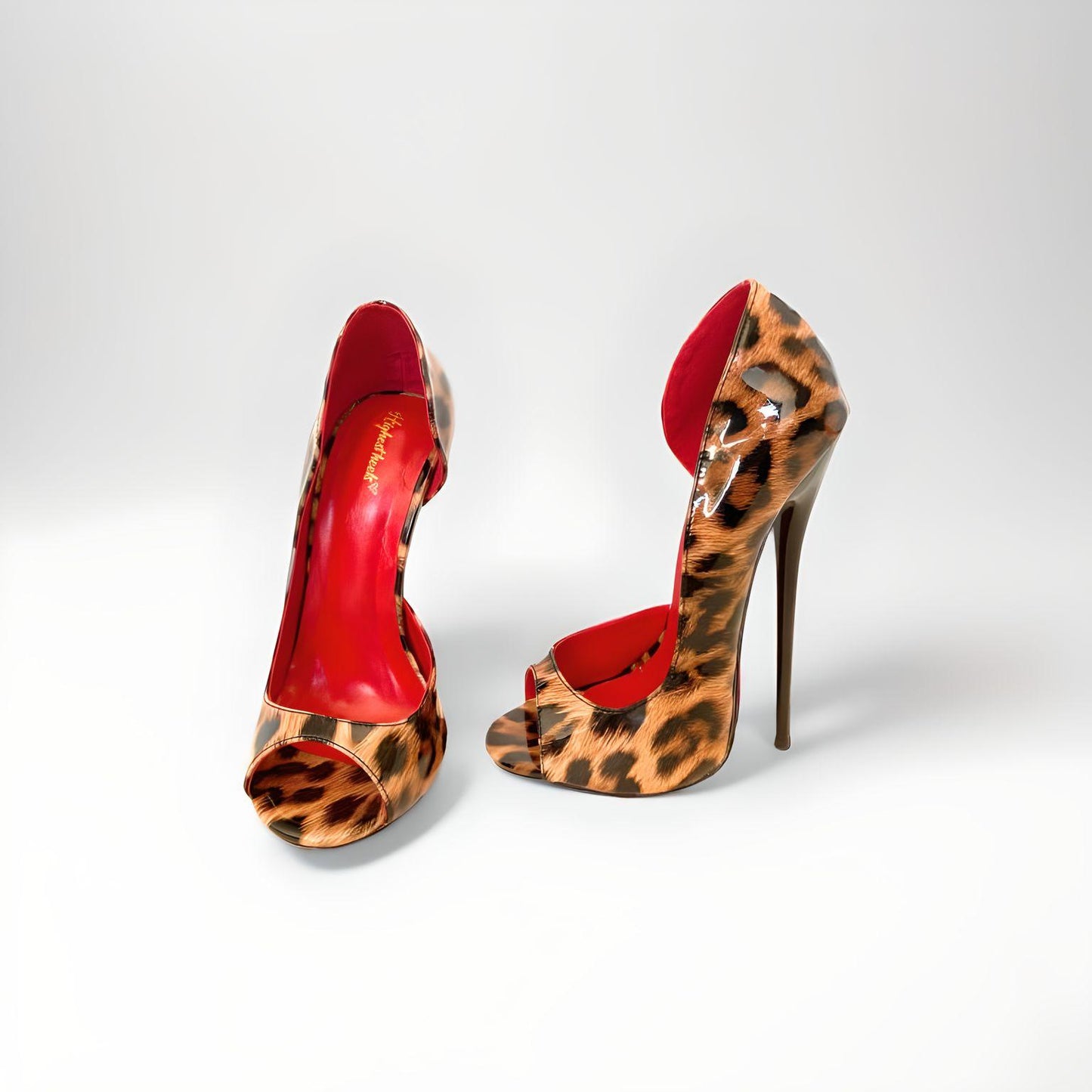 D'Orsay leopard print patent round peep toe 16cm stiletto pumps