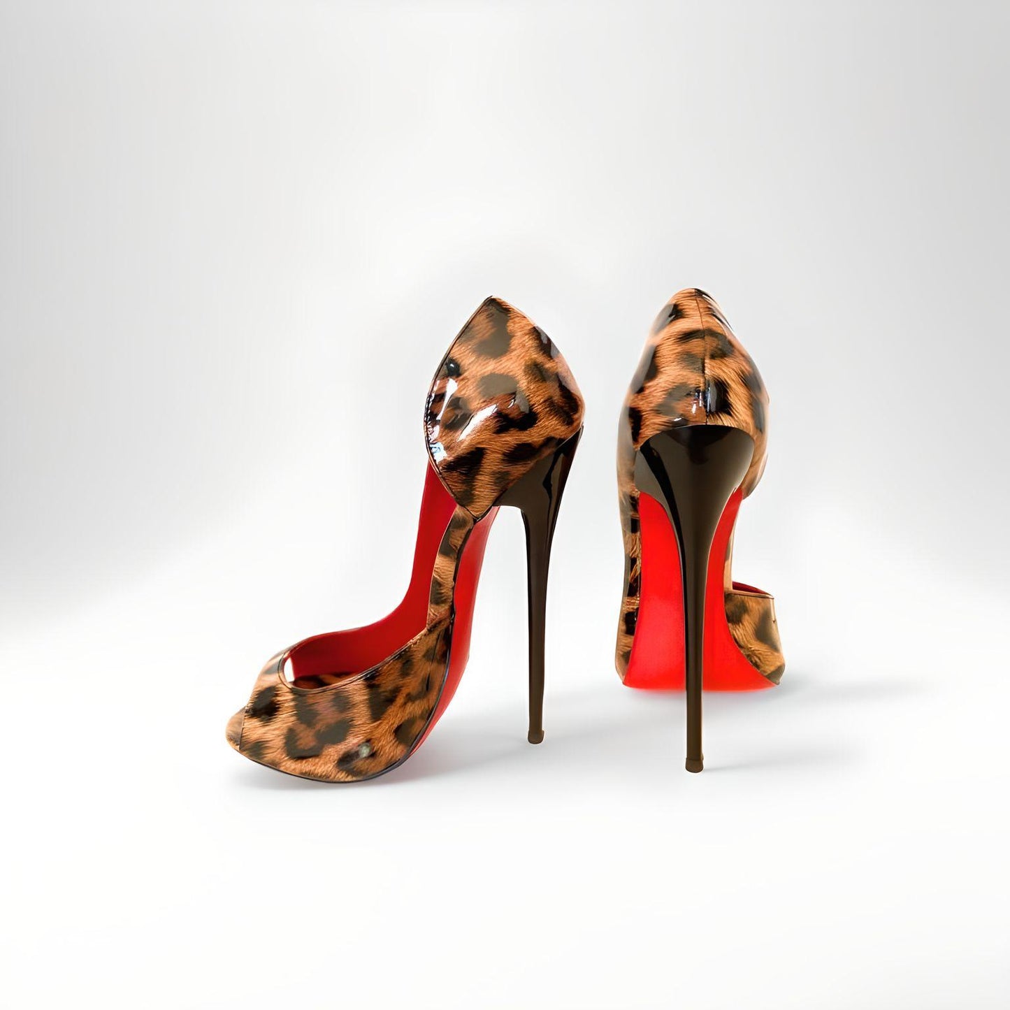 D'Orsay leopard print patent round peep toe 16cm stiletto pumps