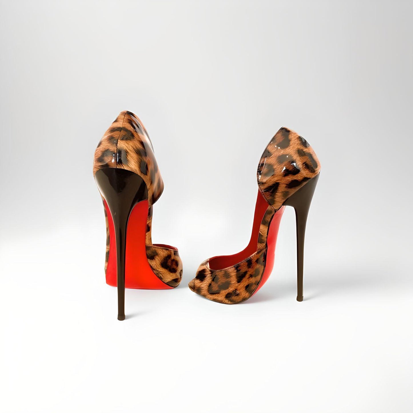 D'Orsay leopard print patent round peep toe 16cm stiletto pumps