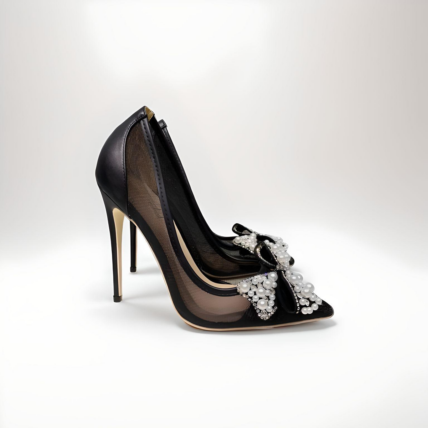 Beaded stiletto pumps with bow