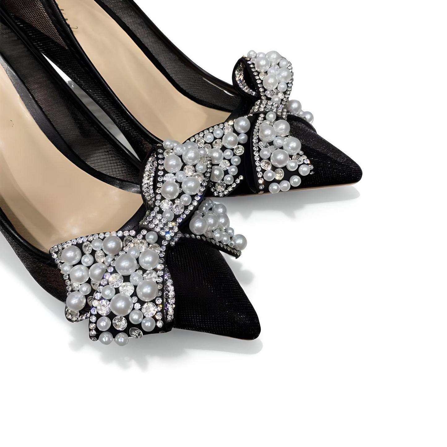 Beaded stiletto pumps with bow