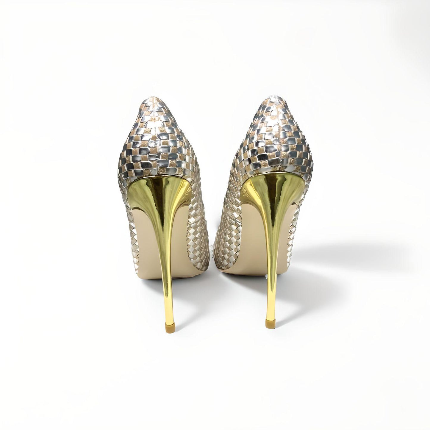Gold/silver weave stiletto pumps