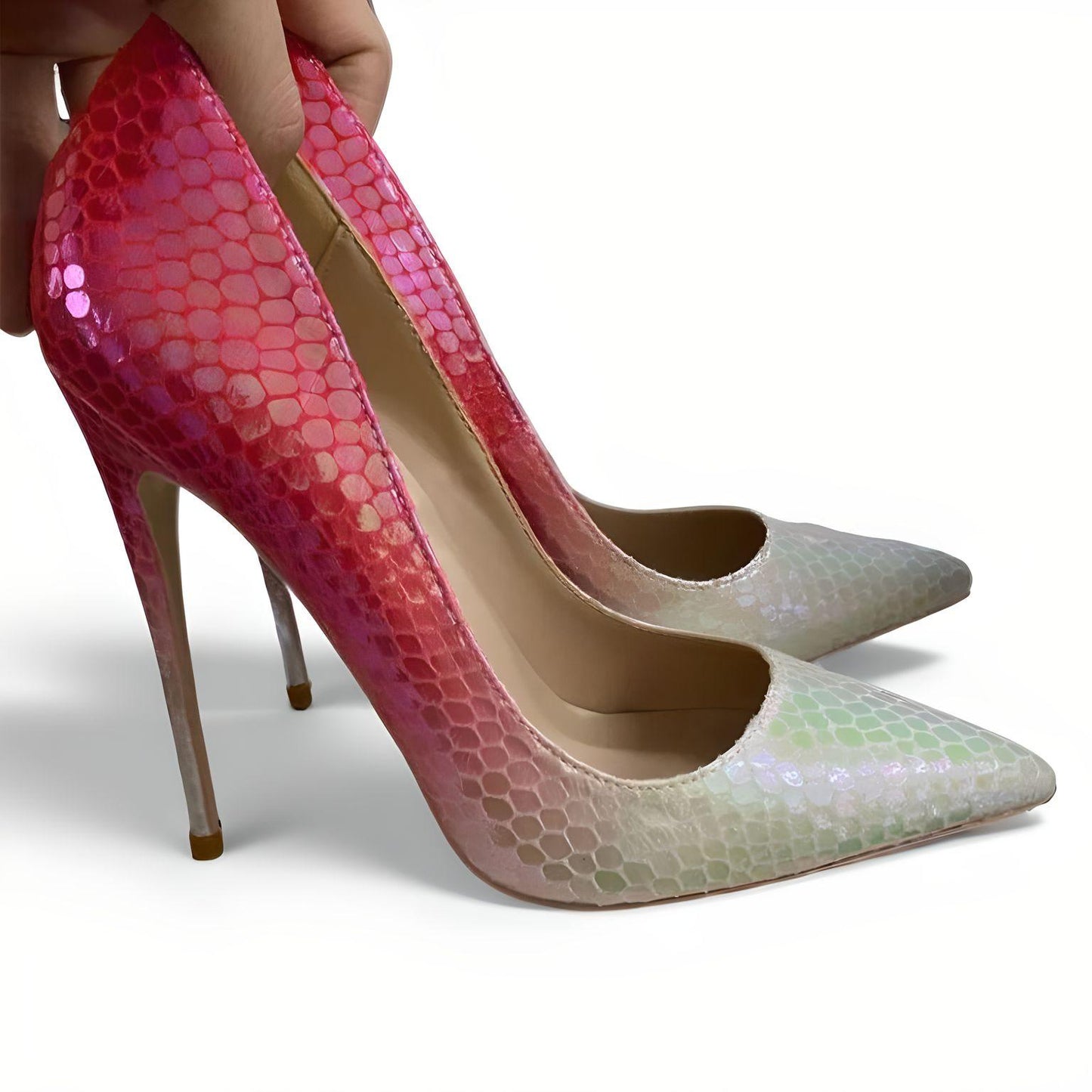 Pink gradient snakeskin effect stiletto pumps