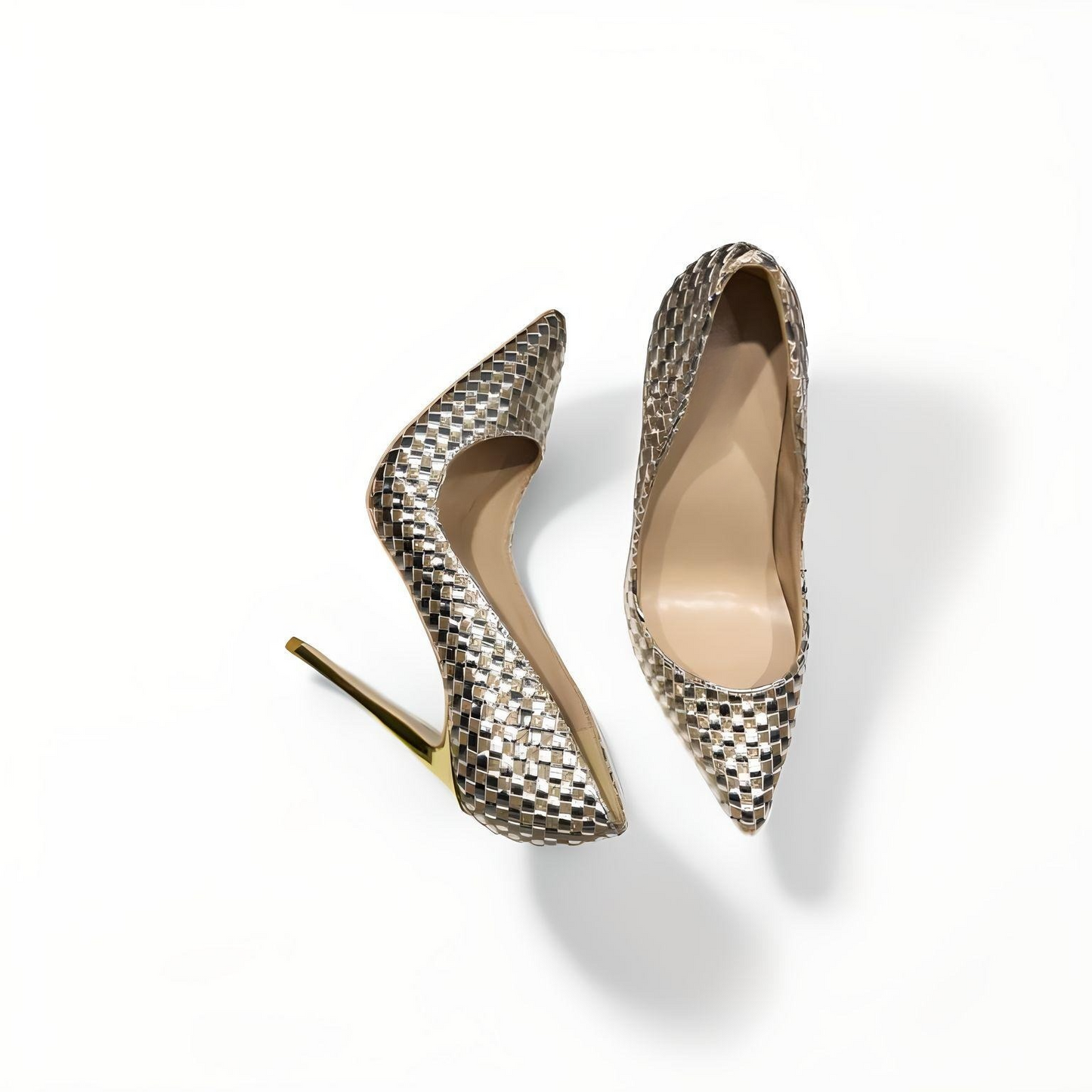 Gold/silver weave stiletto pumps