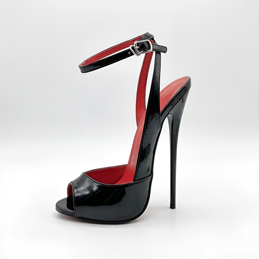 Black 16cm high-heeled stilettos with red interior side view