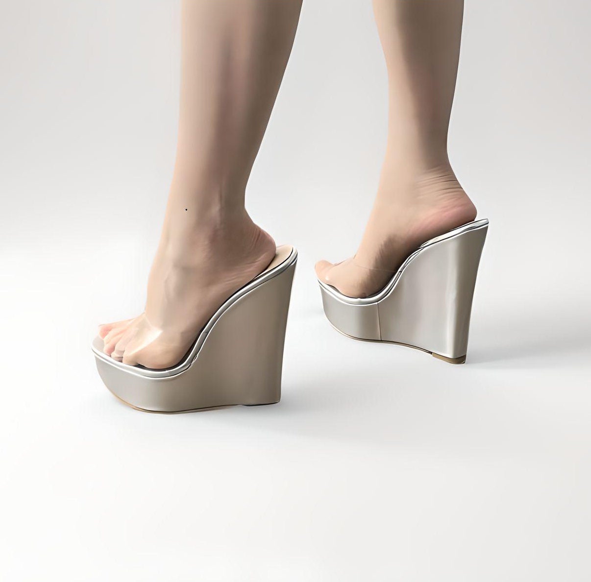 Mules compensées avec tige peep toe en PVC transparent 16cm