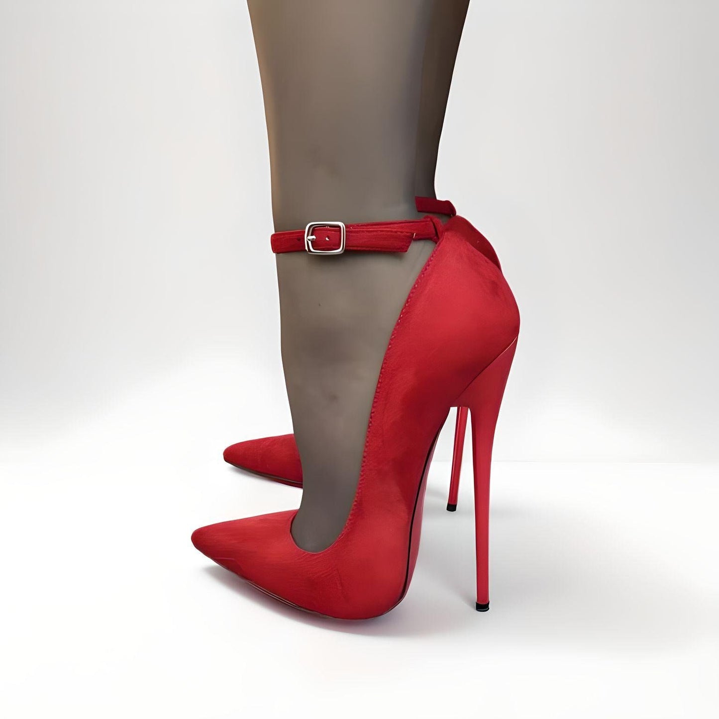 Fetisch-Pumps mit spitzen Stilettoabsätzen und Knöchelriemen aus Wildlederimitat, 16 cm, 6 Zoll