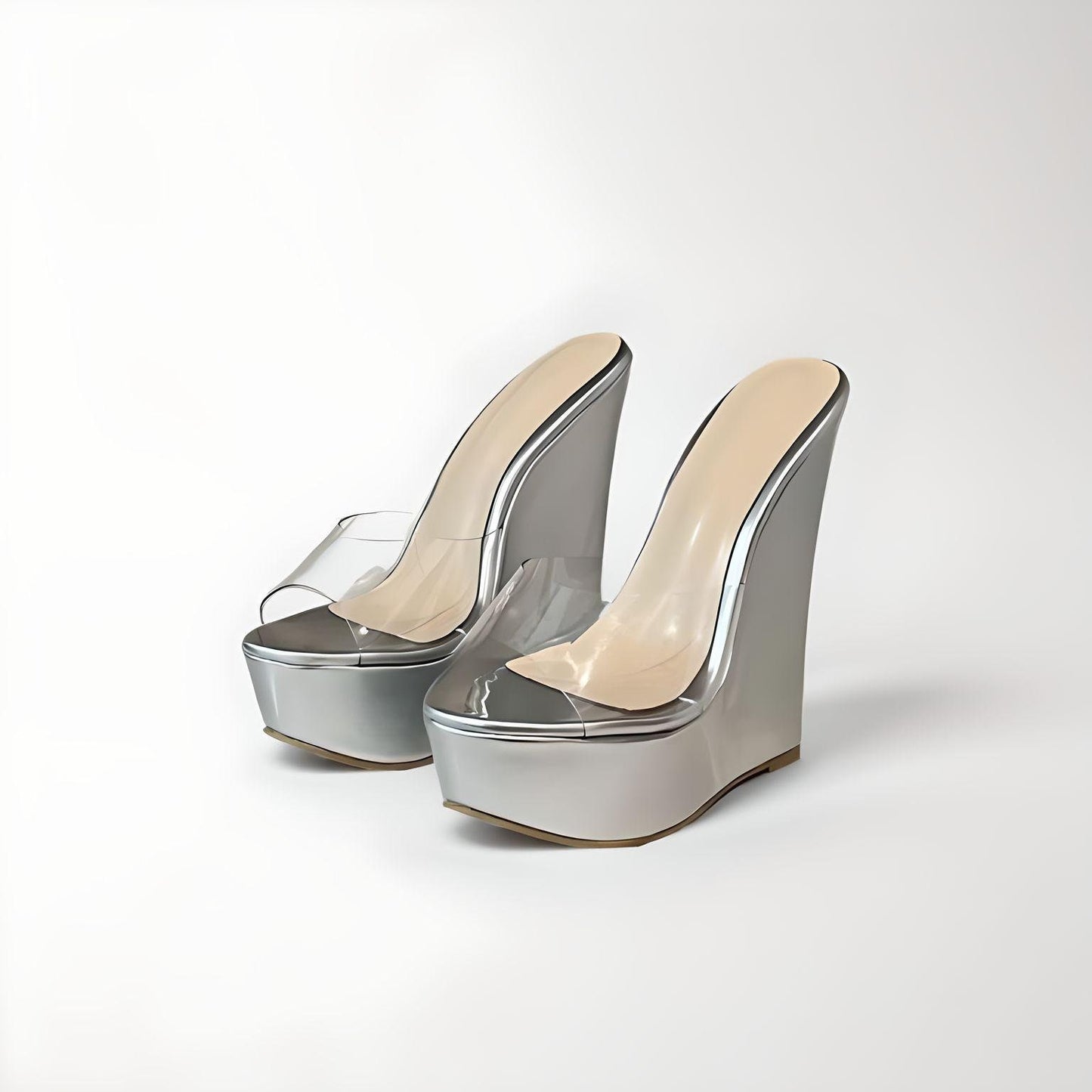 Mules compensées avec tige peep toe en PVC transparent 16cm