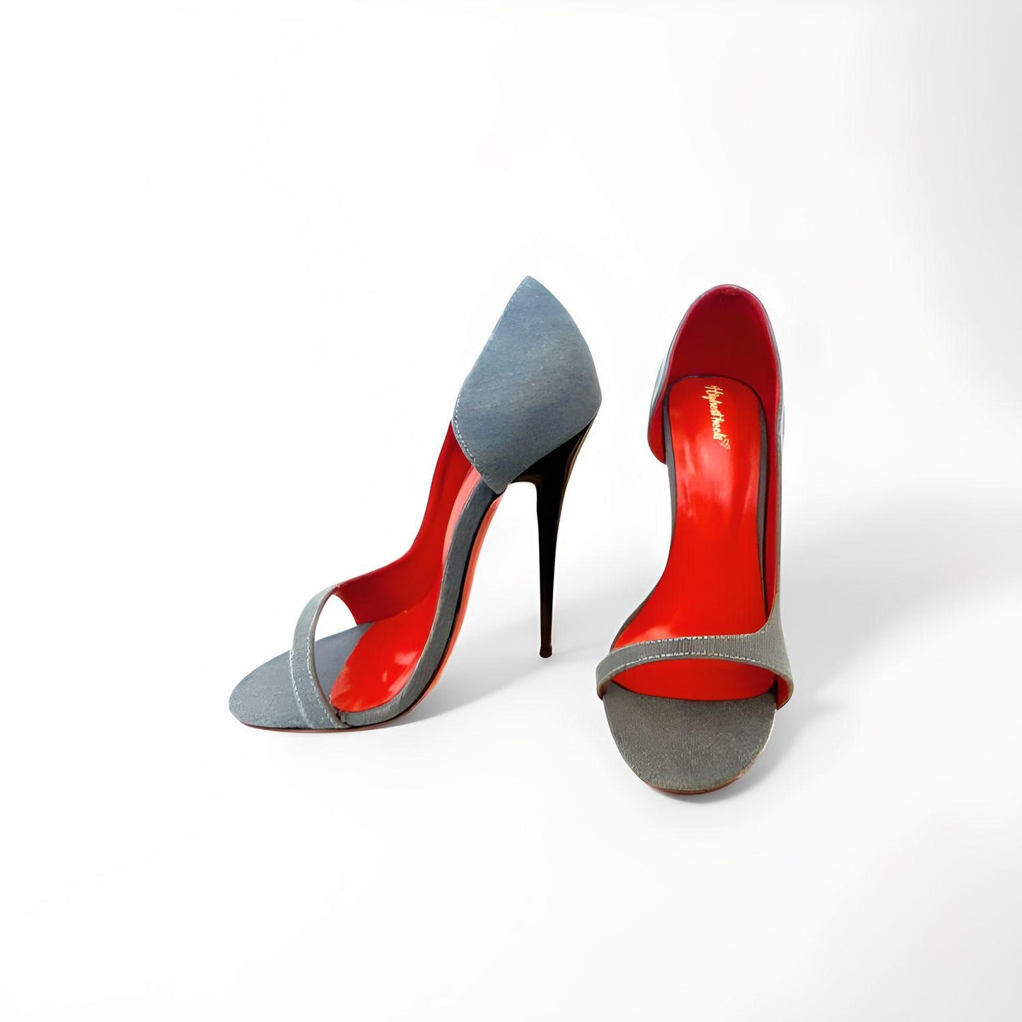 D'Orsay denim round peep toe stiletto pumps