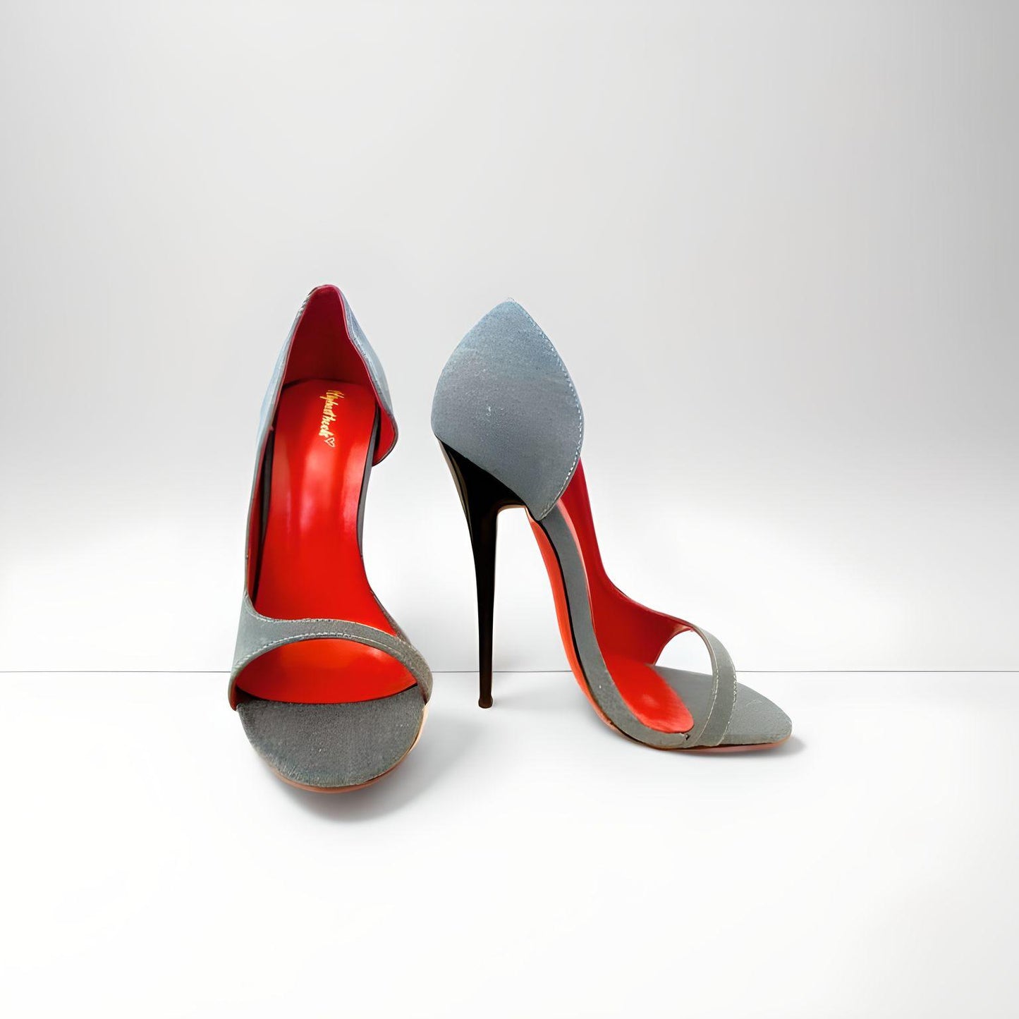 D'Orsay denim round peep toe stiletto pumps
