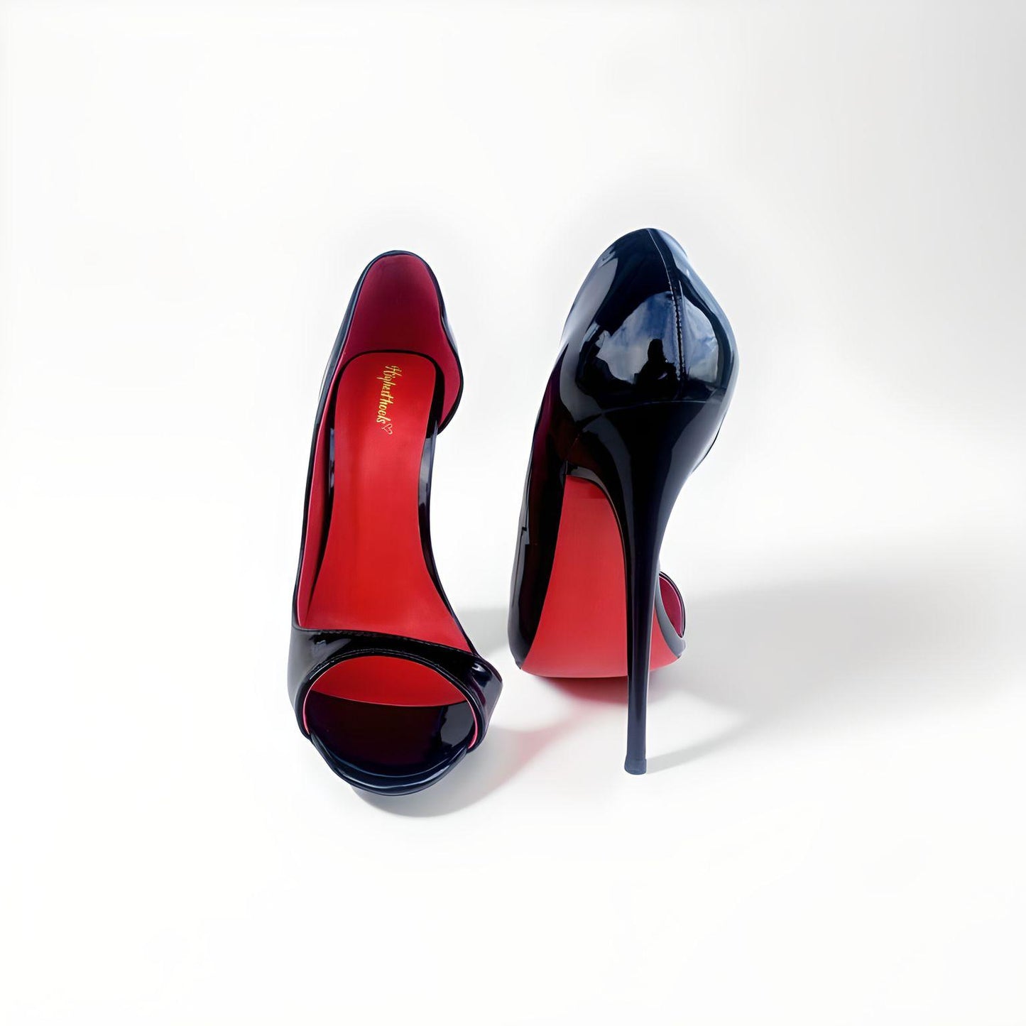 D'Orsay black patent round peep toe stiletto pumps