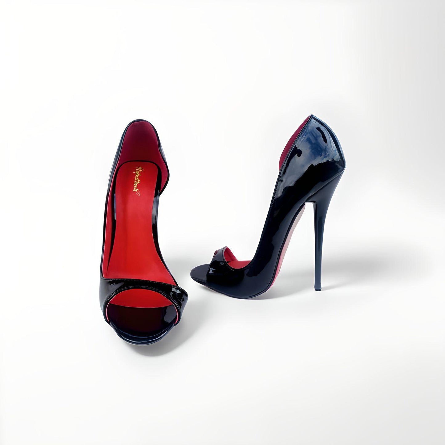 D'Orsay black patent round peep toe stiletto pumps