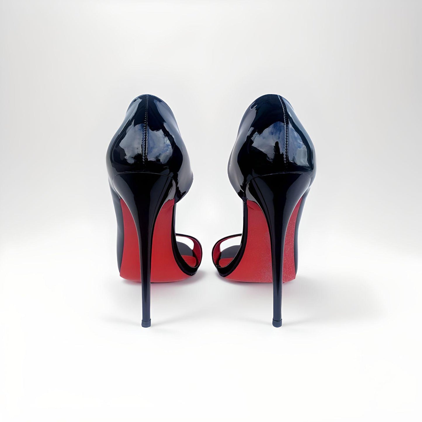 D'Orsay black patent round peep toe stiletto pumps