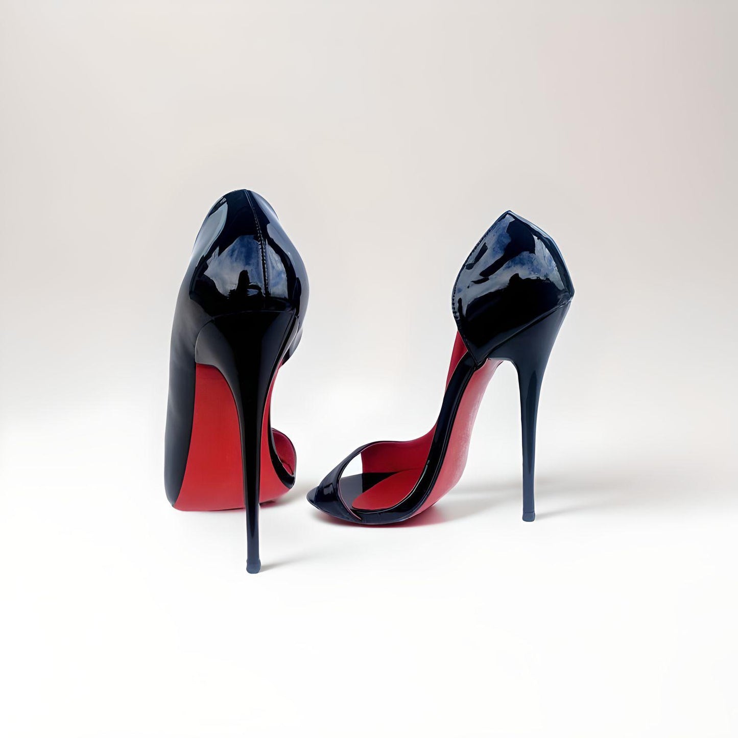 D'Orsay black patent round peep toe stiletto pumps