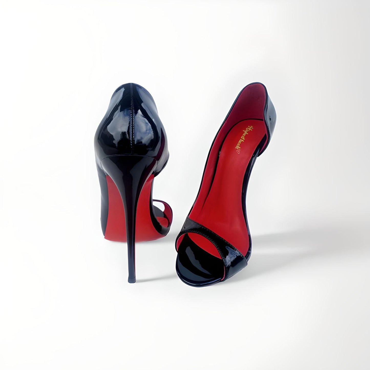 D'Orsay black patent round peep toe stiletto pumps