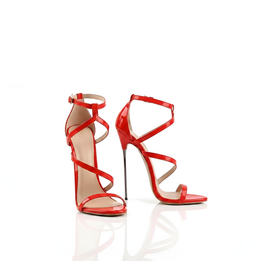 Red 16cm high-heeled sandals with strappy design on a white background