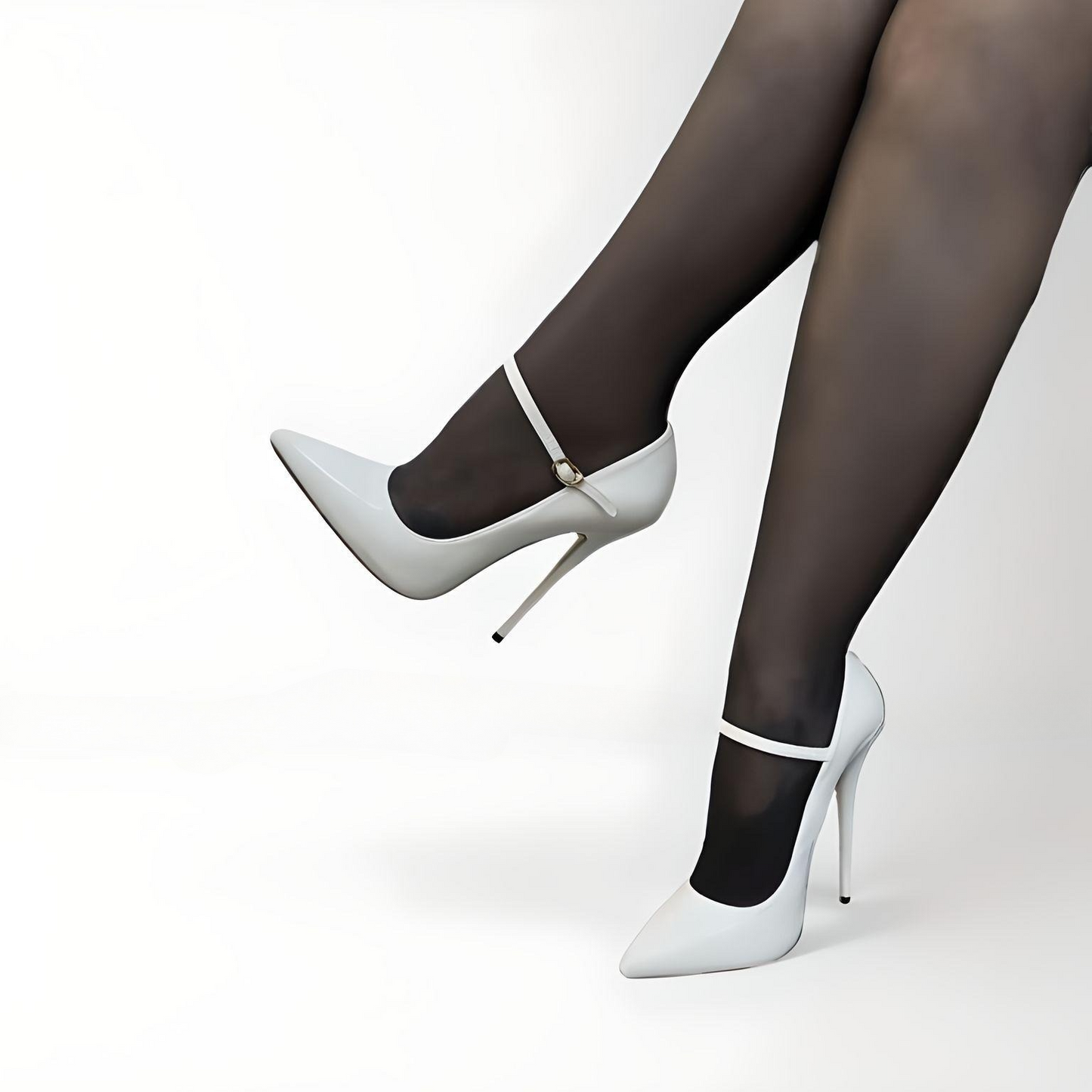 Model wearing white pointed toe Mary Jane stiletto pumps with 16cm patent high heels and buckle strap."