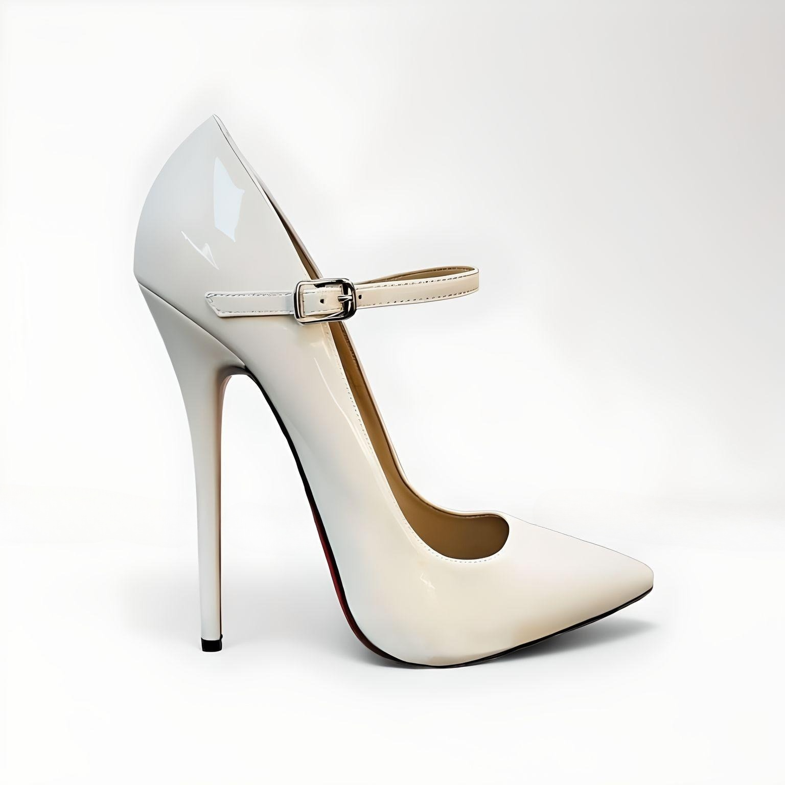 White Pointed toe Mary Jane stiletto pumps with 16cm patent high heels and buckle strap."