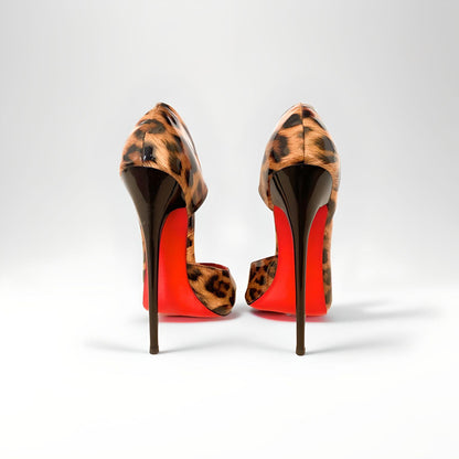 D'Orsay leopard print patent round peep toe 16cm stiletto pumps