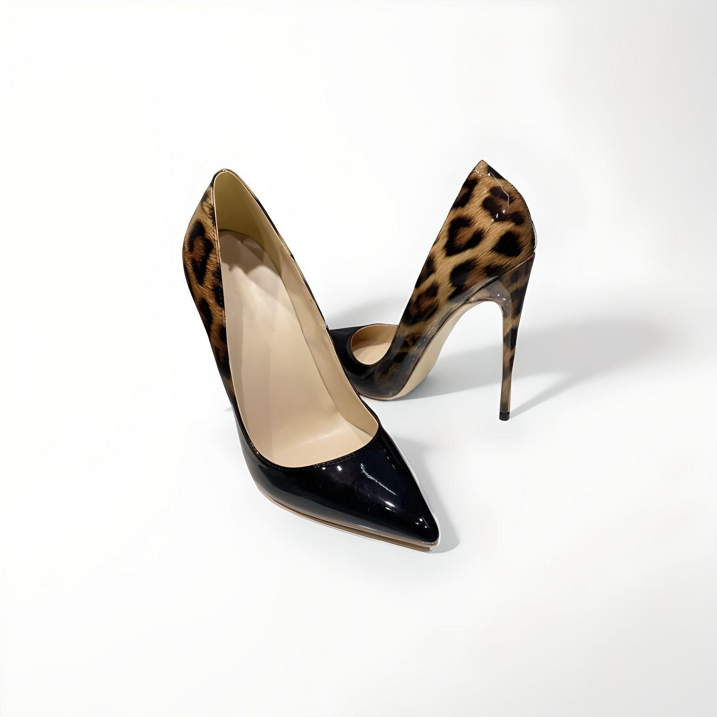 Animal print patent stiletto pumps