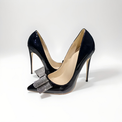 Black patent bow detail stiletto pumps