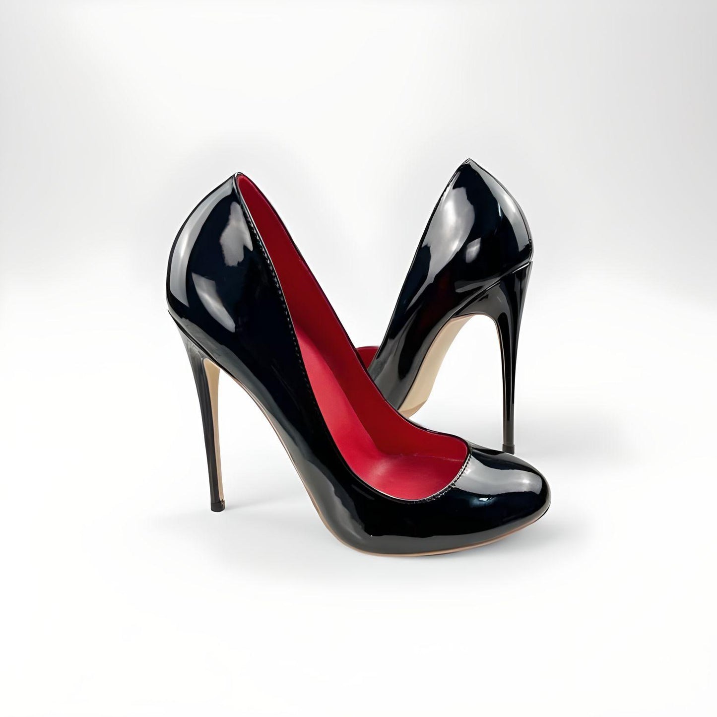 Round toe patent stiletto pumps