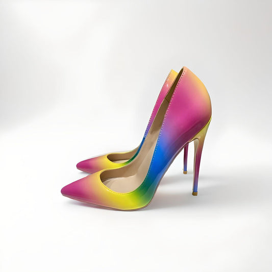 Rainbow patent stiletto pumps