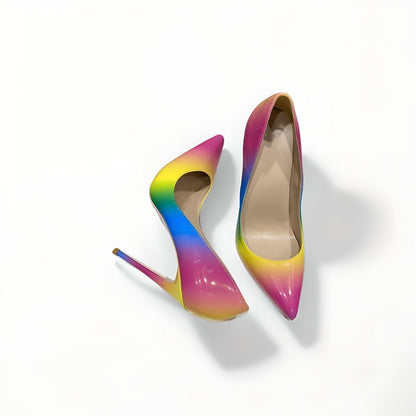 Rainbow patent stiletto pumps