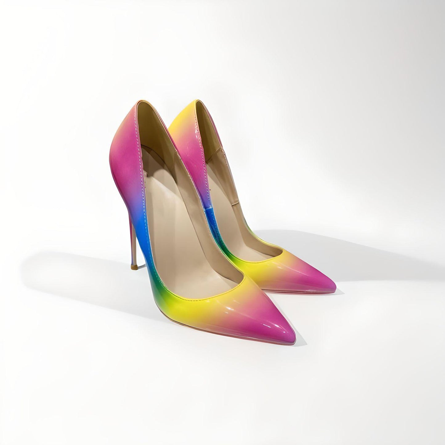 Rainbow patent stiletto pumps