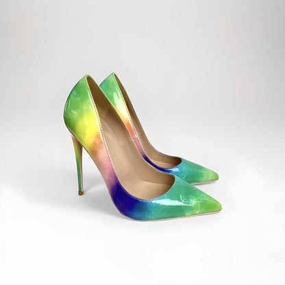 Rainbow patent stiletto pumps