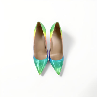 Rainbow patent stiletto pumps