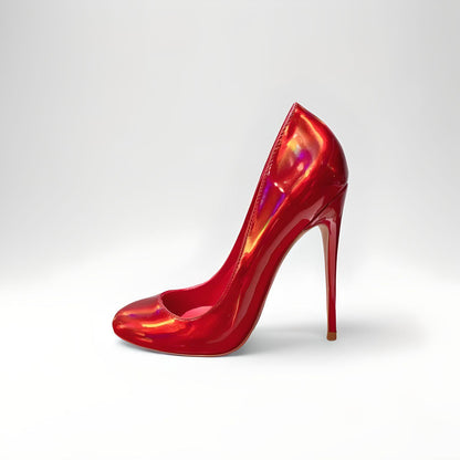 Round toe pearlescent red stiletto pumps