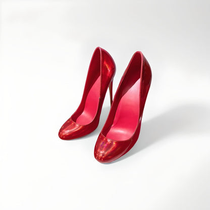 Round toe pearlescent red stiletto pumps