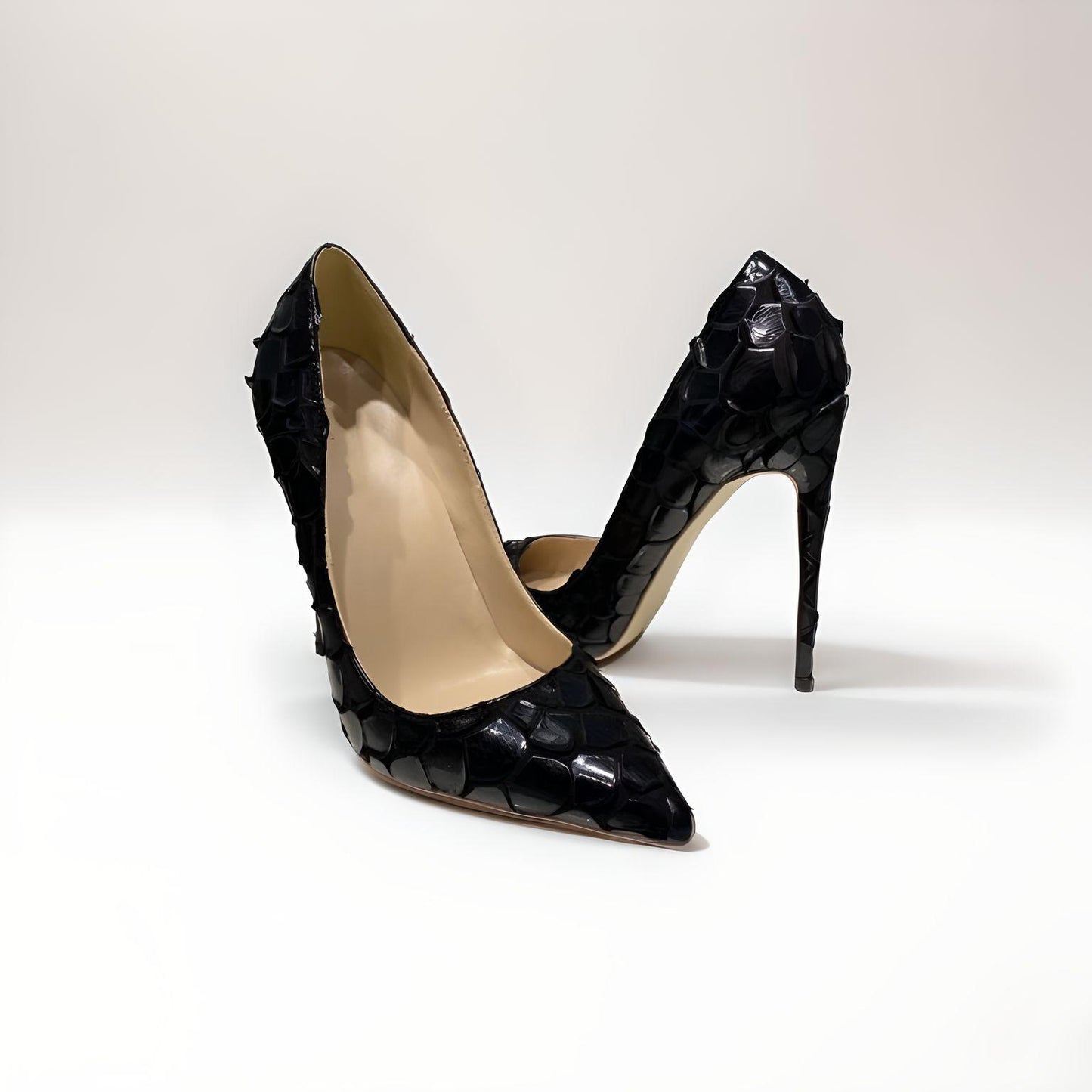 Black mock croc stiletto pumps