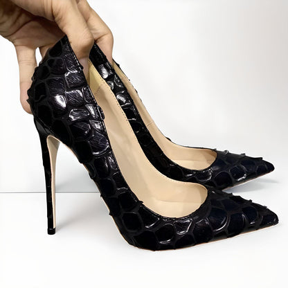 Black mock croc stiletto pumps