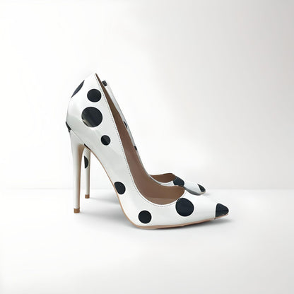 Polka dot patent stiletto pumps