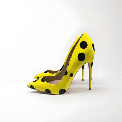 Polka dot patent stiletto pumps