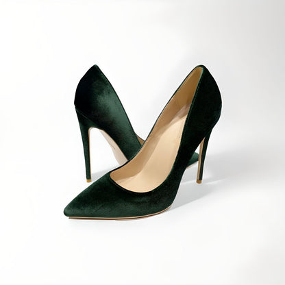 Green velvet stiletto pumps