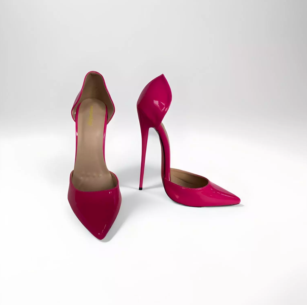 Pink 16cm stiletto D’Orsay pointed toe patent pumps front and side view
