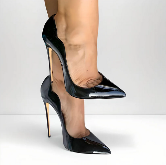 Black Stiletto Scallop Pumps – Size EU45 10cm Heel Red Sole - SALE