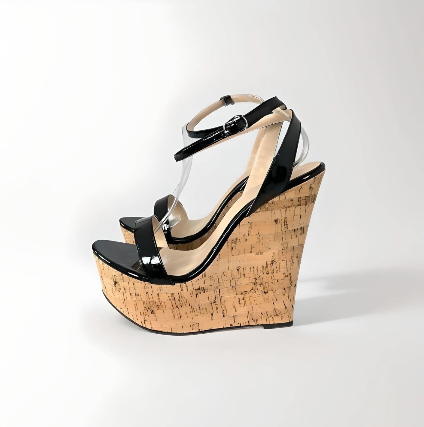 Cork wedge sandals with strappy patent upper 16cm