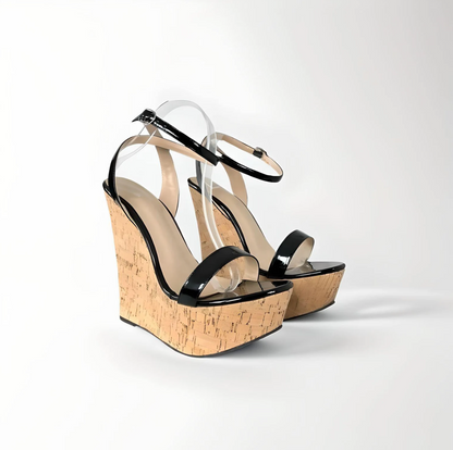 Cork wedge sandals with strappy patent upper 16cm