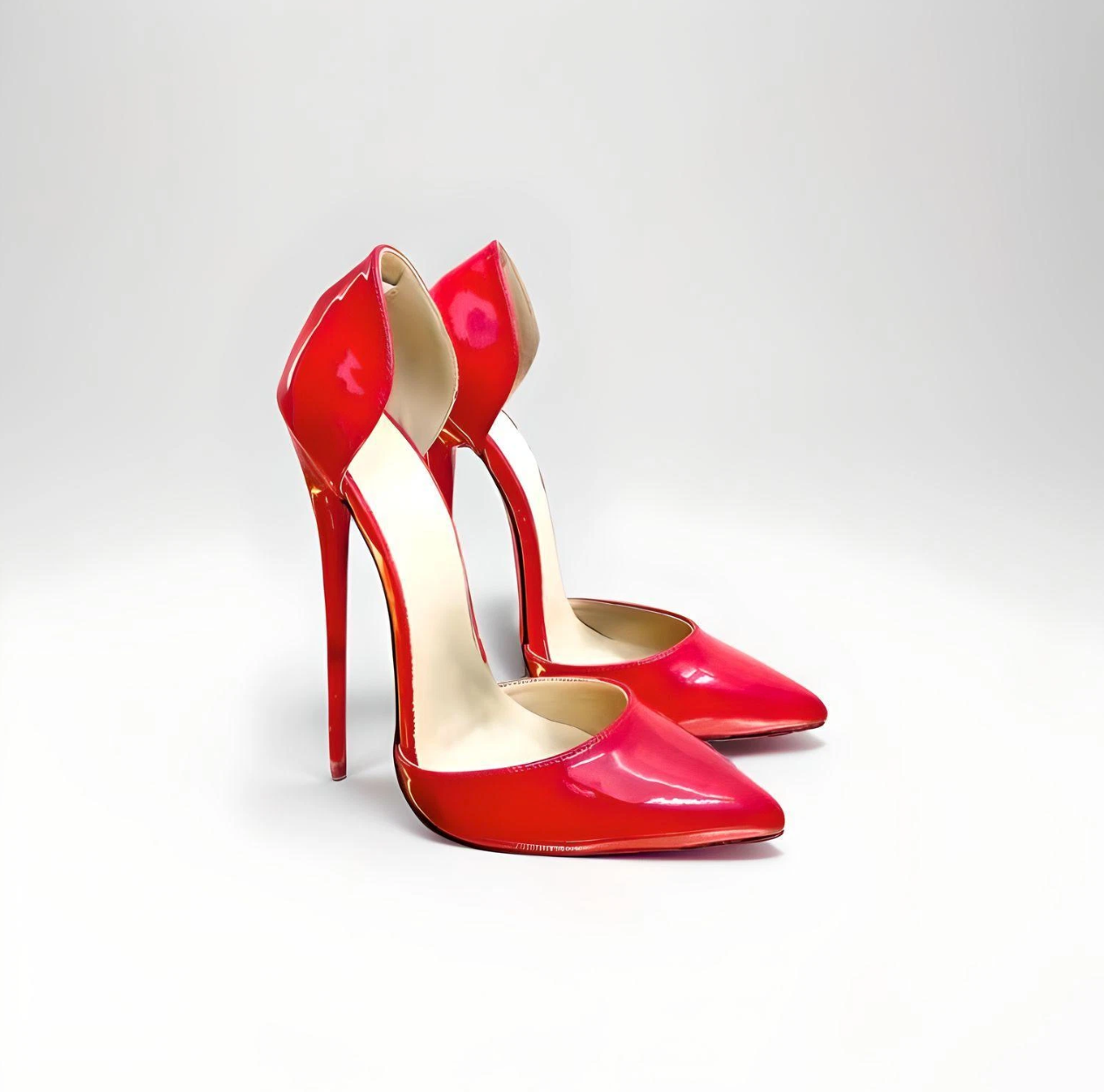 Red 16cm stiletto D’Orsay pointed toe patent pumps side view
