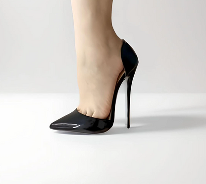 Black 16cm stiletto D’Orsay pointed toe patent pumps side view modelled
