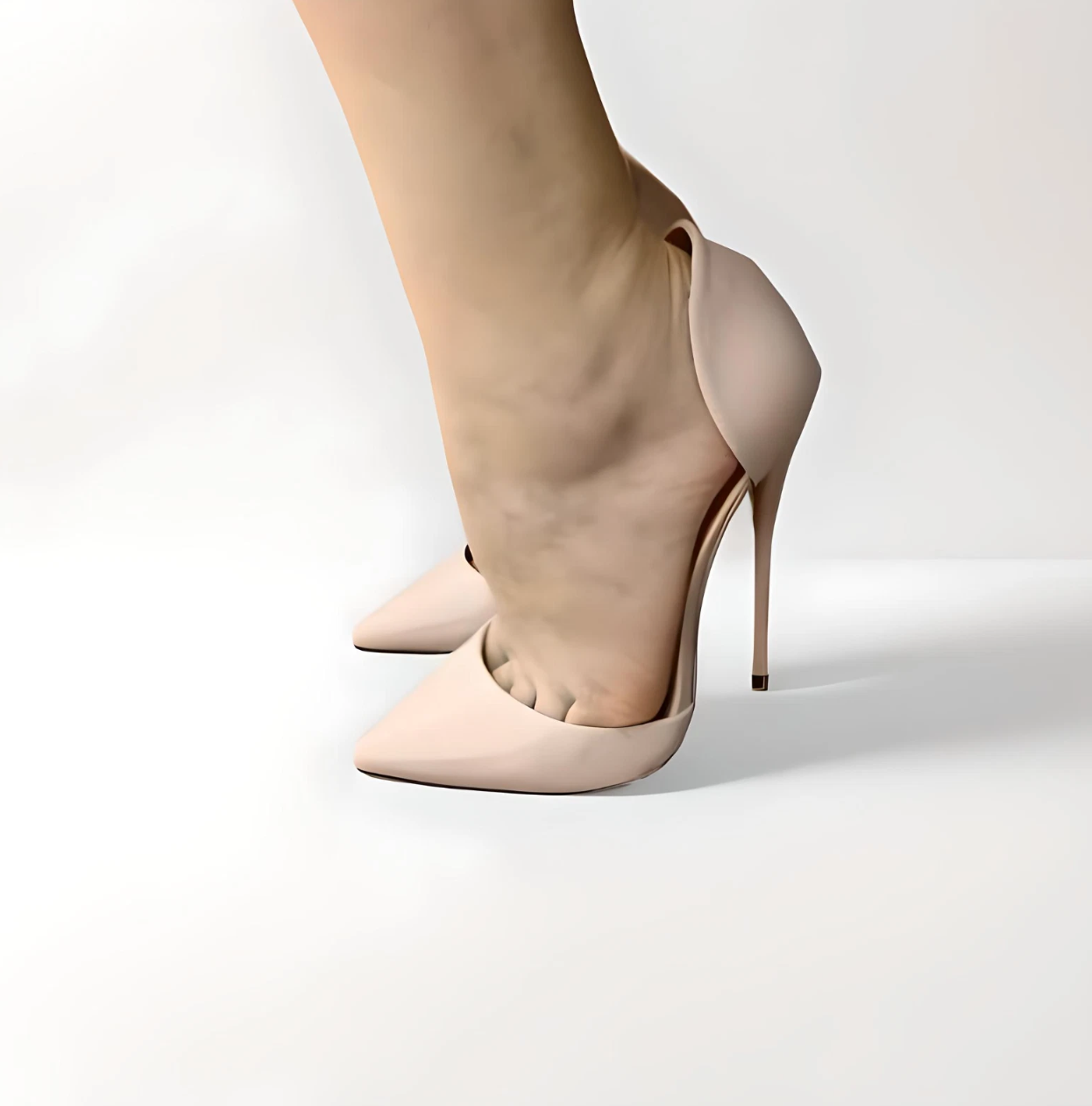 Nude 16cm stiletto D’Orsay pointed toe patent pumps side view modelled
