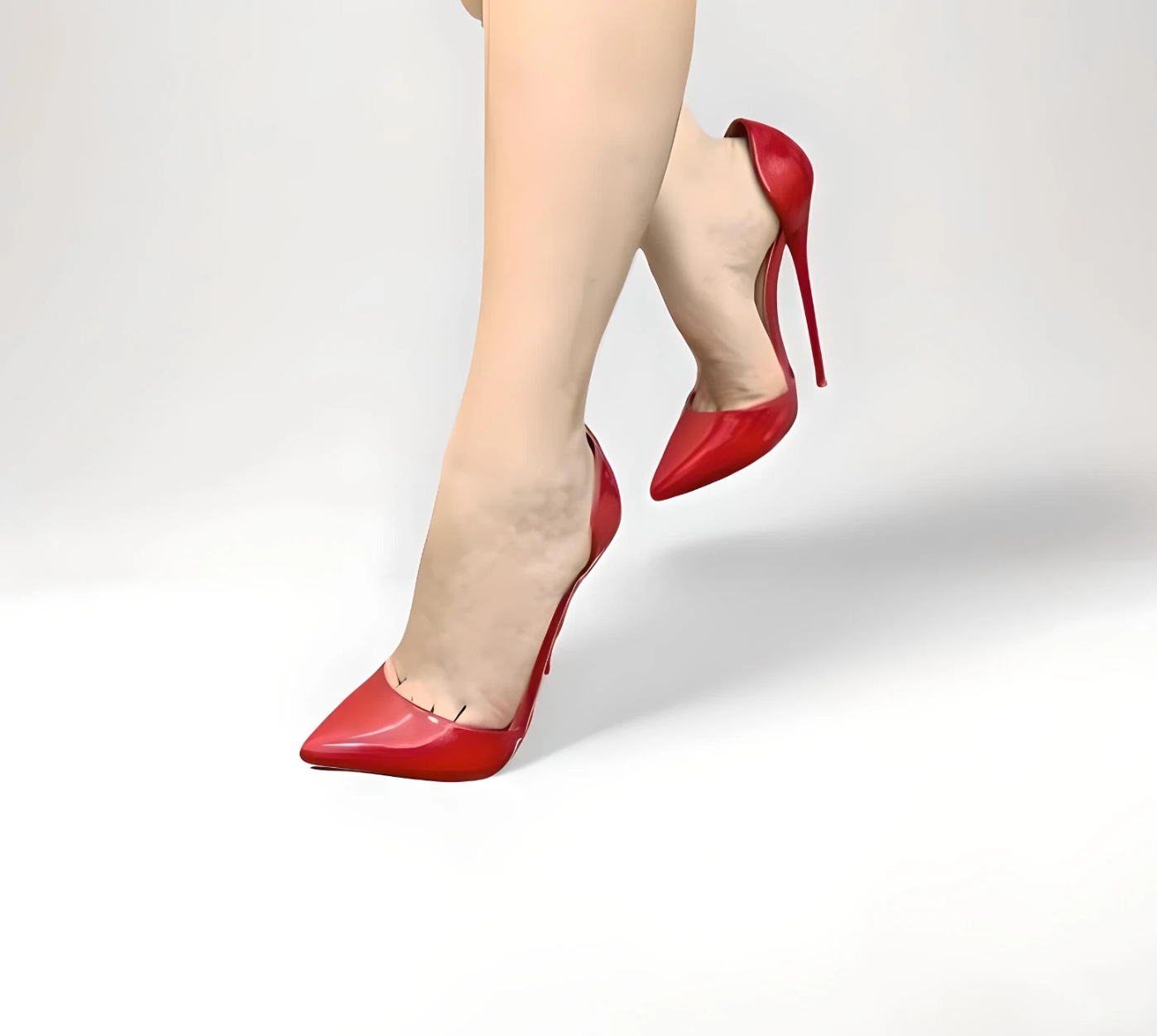 Red 16cm stiletto D’Orsay pointed toe patent pumps modelled
