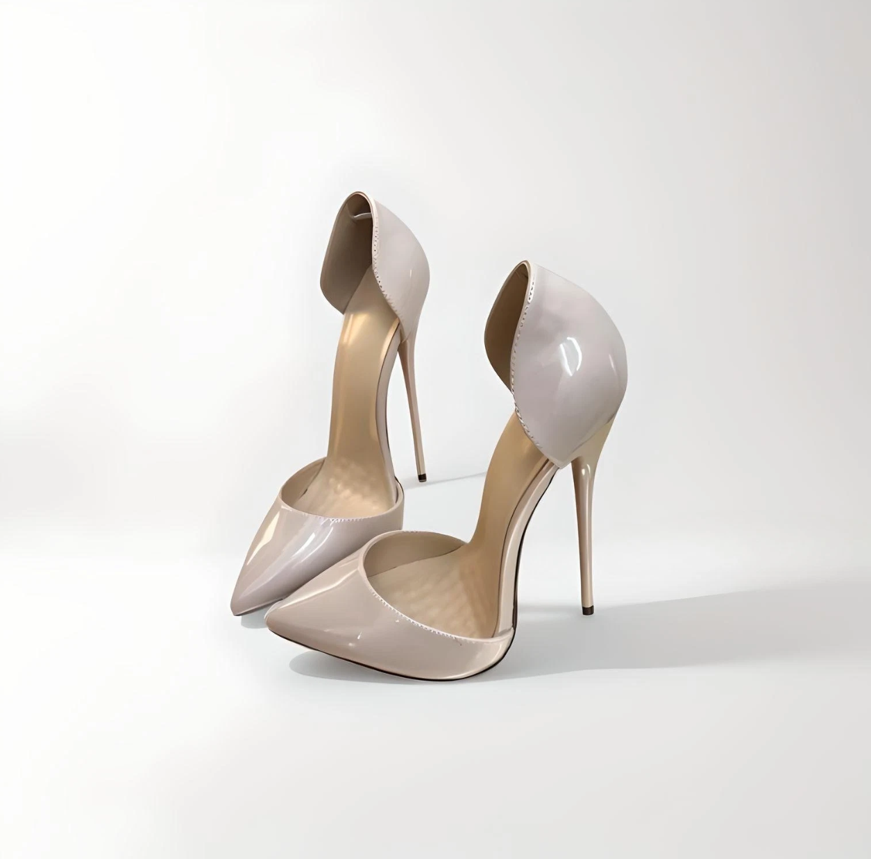 Nude 16cm stiletto D’Orsay pointed toe patent pumps front side view
