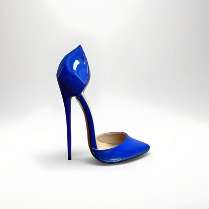 Black 16cm stiletto D’Orsay pointed toe patent pumps side view
