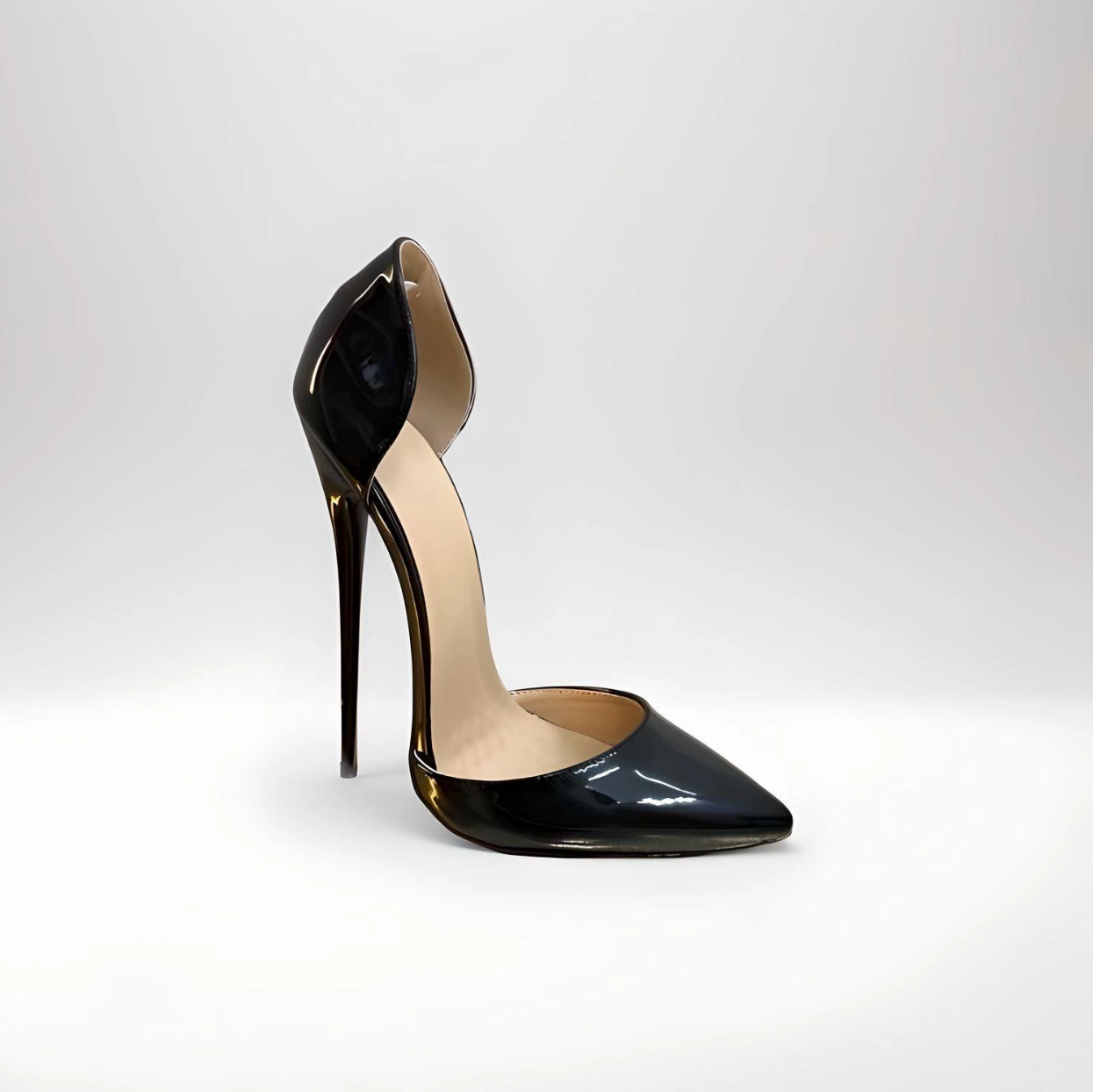 Black 16cm stiletto D’Orsay pointed toe patent pumps side view

