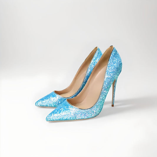 Blue glitter stiletto pumps